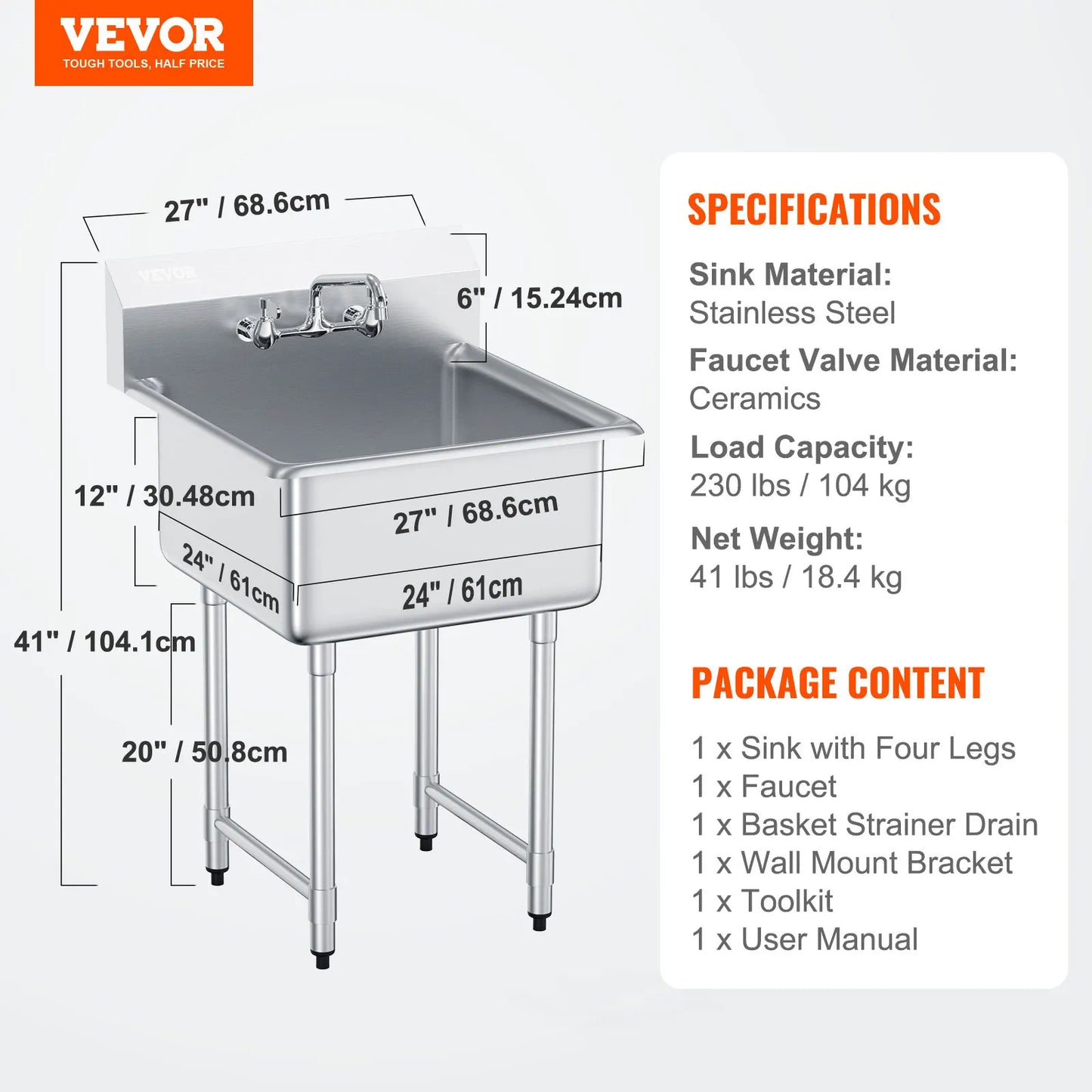 SucceBuy Stainless Steel Kitchen Prep and Utility Sink With Faucet