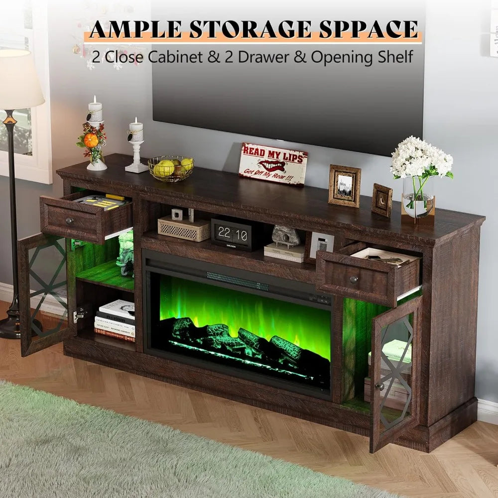 Farmhouse Luxury TV Stand With Integrated Illuminated Fireplace Entertainment Center