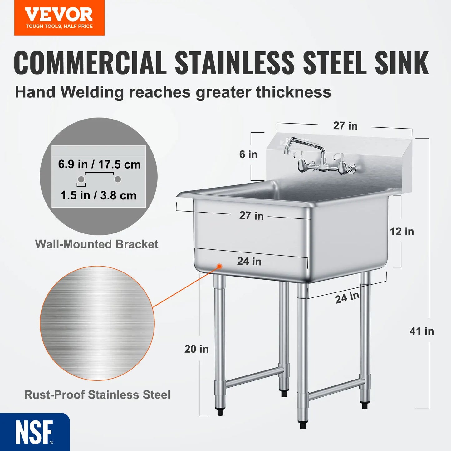 SucceBuy Stainless Steel Kitchen Prep and Utility Sink With Faucet