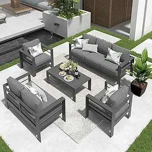 Aluminum Patio Furniture Set,7 Seats Modern Outdoor Conversation Set Metal Patio Furniture Set Sectional Sofa with Upgrade Cush