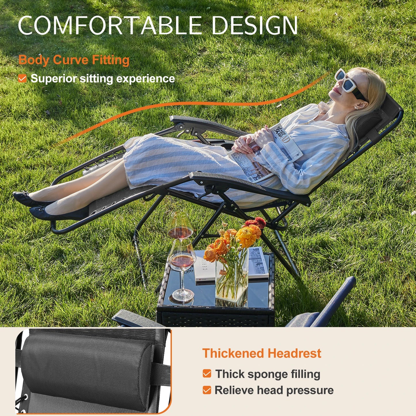 JHK Zero Gravity Recliner Set Of 2 Portable Outdoor Patio Lounge Chairs With Cup Holders