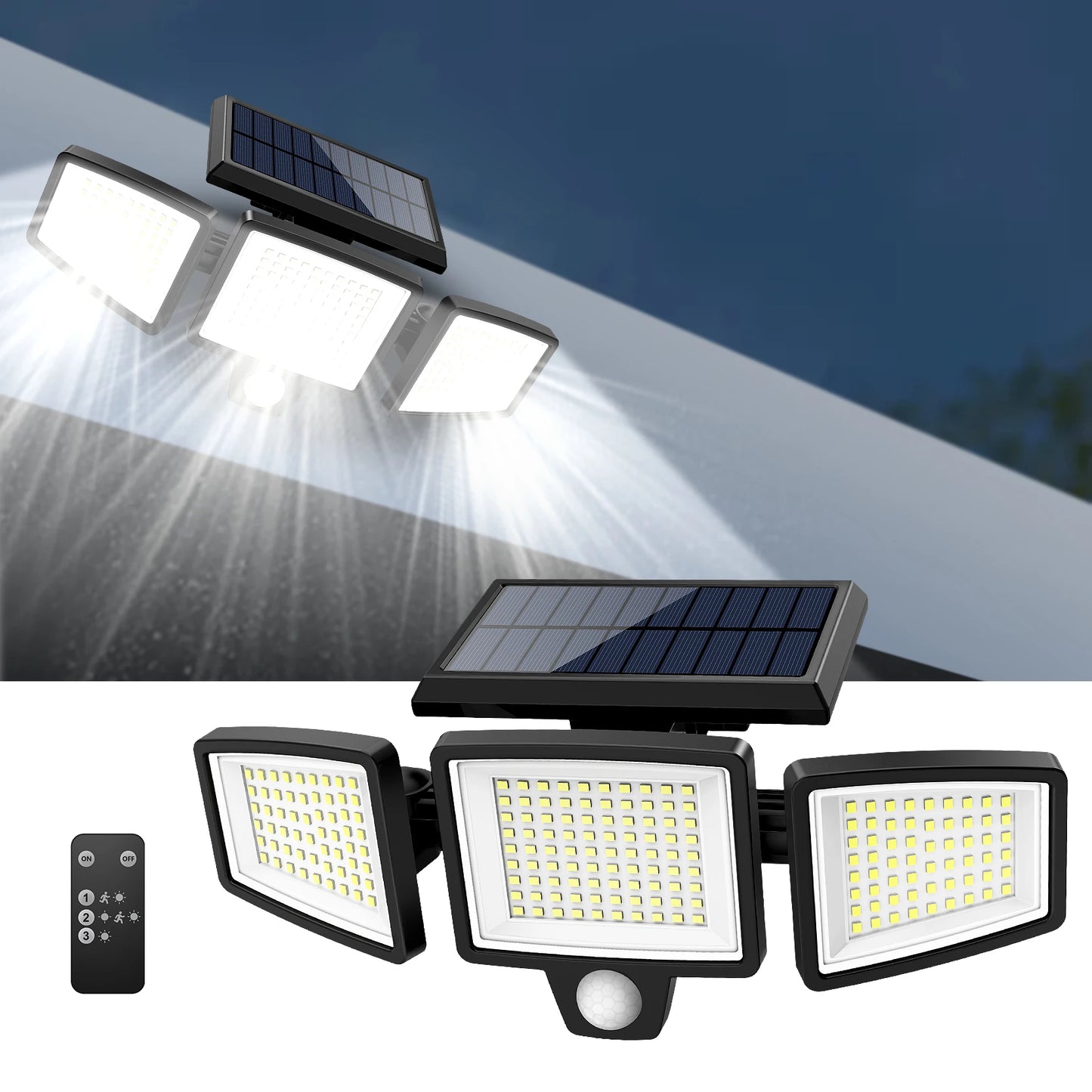 SZRSTH ThreeHead OutdoorWeatherproof Solar Floodlight With Motion Sensor SecurityLEDs