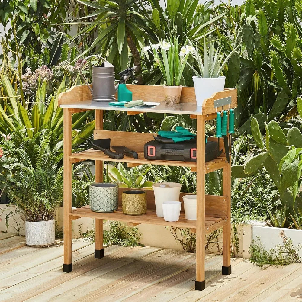 XIUWO Outdoor Garden Potting Bench With Bamboo Top And Shelf