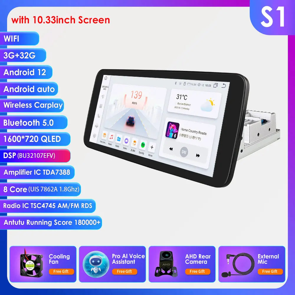 Hizpo 1 Din Car Radio Multimedia Player Detachable Panel 10.33" Wireless Carplay Android 360° Rotatable Universal Stereo GPS BT