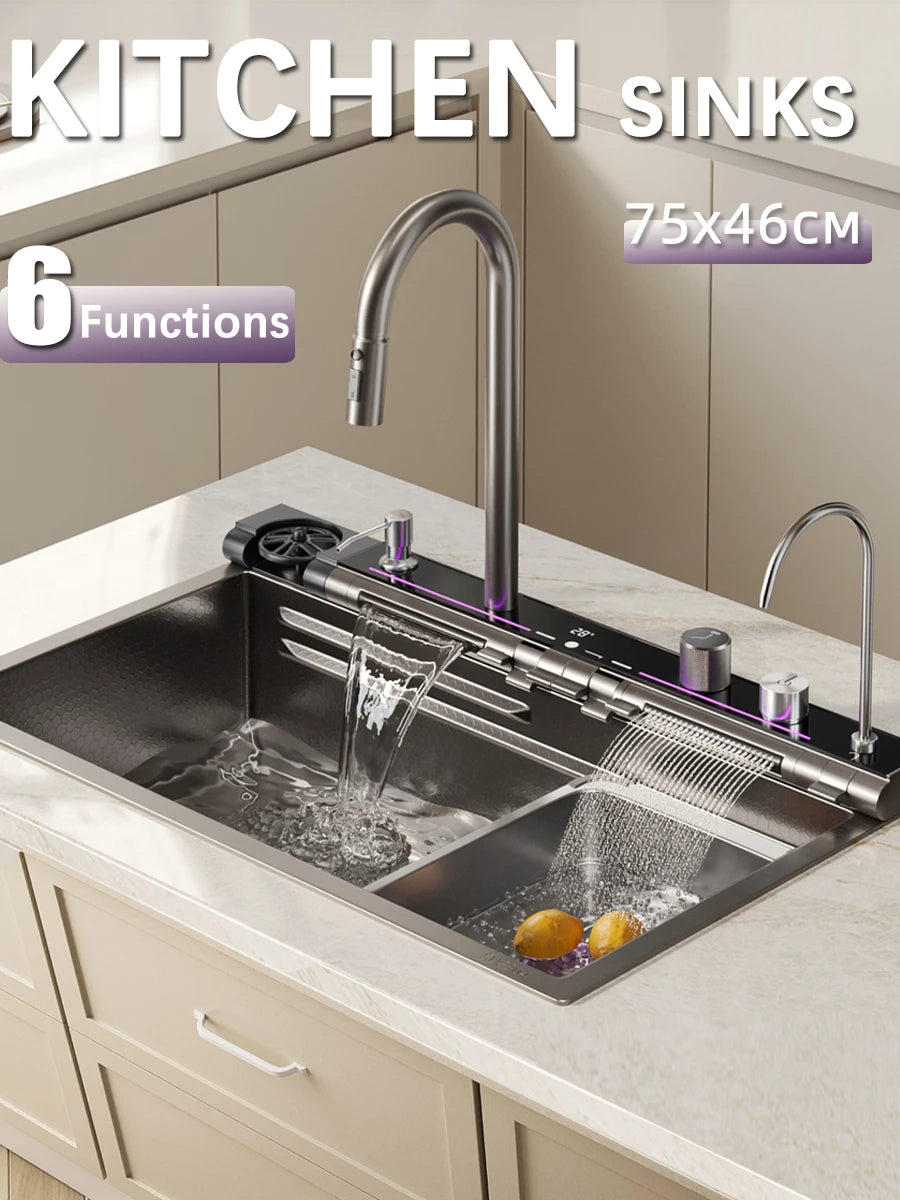 Quyanre 304 Stainless Steel Kitchen Sink Double Waterfall Faucet Set