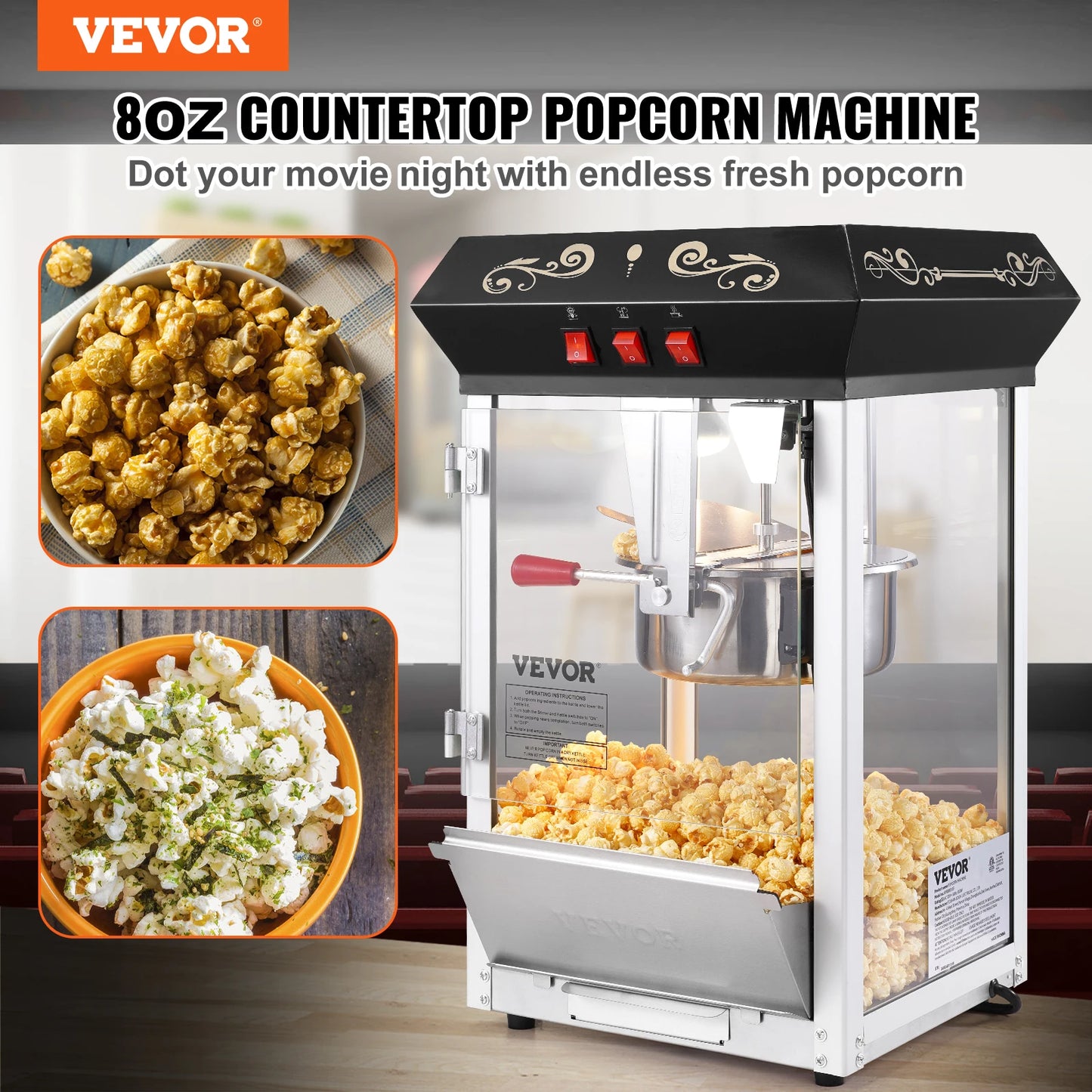 SucceBuy Popcorn Popper Maker Machine 8 Oz Kettle Makes 48 Cups per Batch Countertop Includes 4 Scoops Movie Theater Style