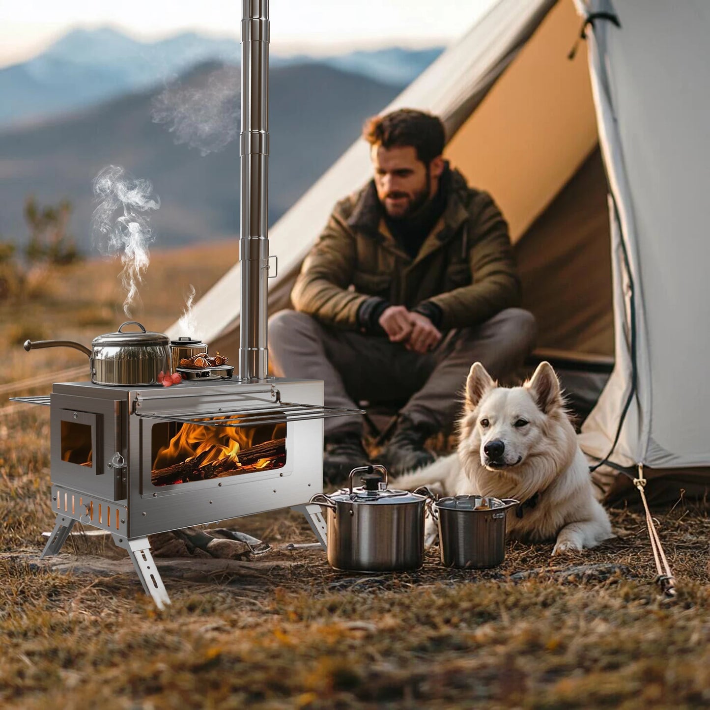 Portable Camping Wood Stove Stainless Steel Hot Tent Stove Burner With 7 Chimney Pipes