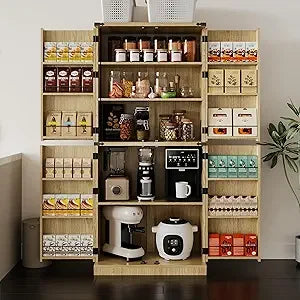 Adjustable Shelves Tall Flute Design Wood Pantry Cabinet with 12 Door Organizers and Double Carved Accents for Storage Solutions
