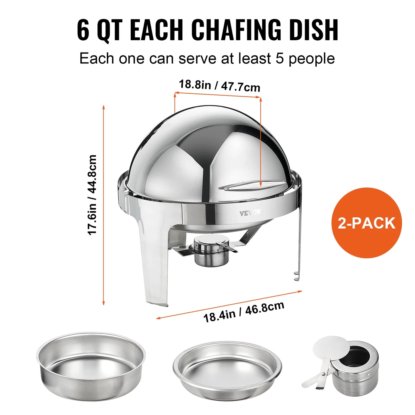 SucceBuy Roll Top Chafing Dish Buffet Set 6 Qt 2 Pack Stainless Steel Chafer with 2 Full Size Pans Round Catering Warmer Server