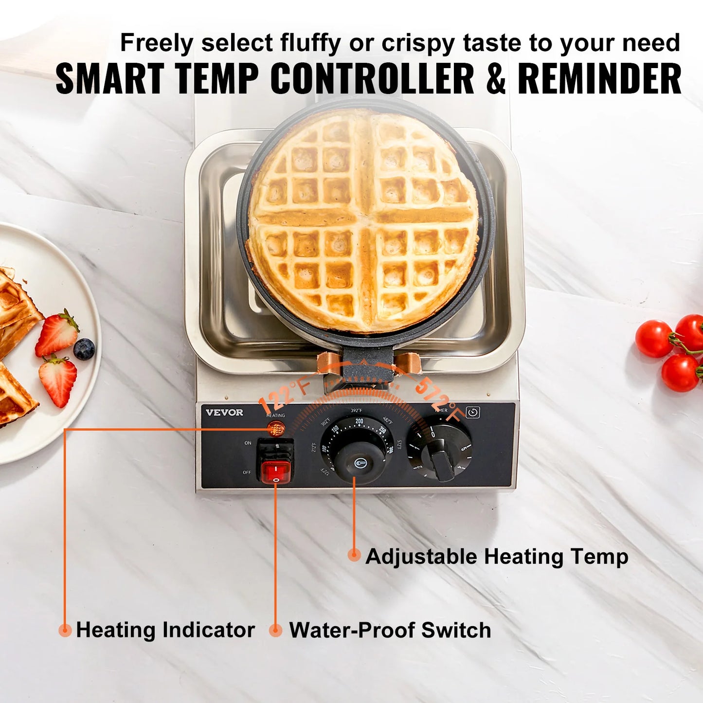 VEVOR Electric Waffle Maker Stainless Steel Round Waffle Iron Nonstick