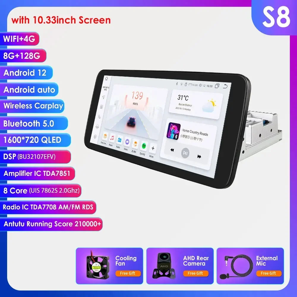 Hizpo 1 Din Car Radio Multimedia Player Detachable Panel 10.33" Wireless Carplay Android 360° Rotatable Universal Stereo GPS BT