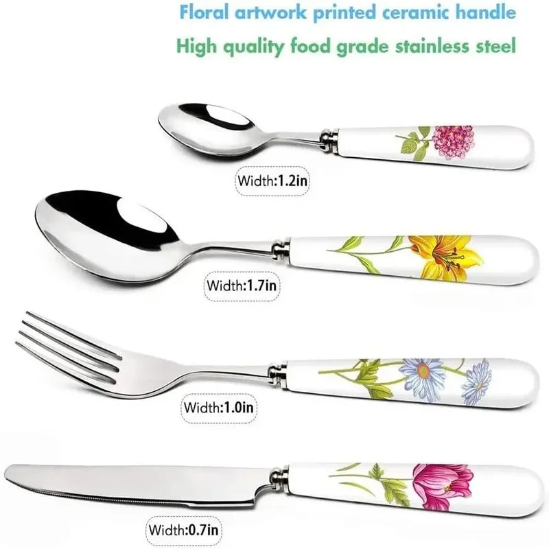 Dinnerware TwentyFourPiece CeramicHandled SilverwareSet With StainlessSteel Cutlery Knives