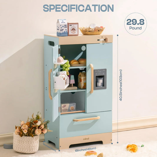 Robotime Robud Wooden Play Kitchen Refrigerator With Ice Dispenser Toy Set For Ages 3 Plus