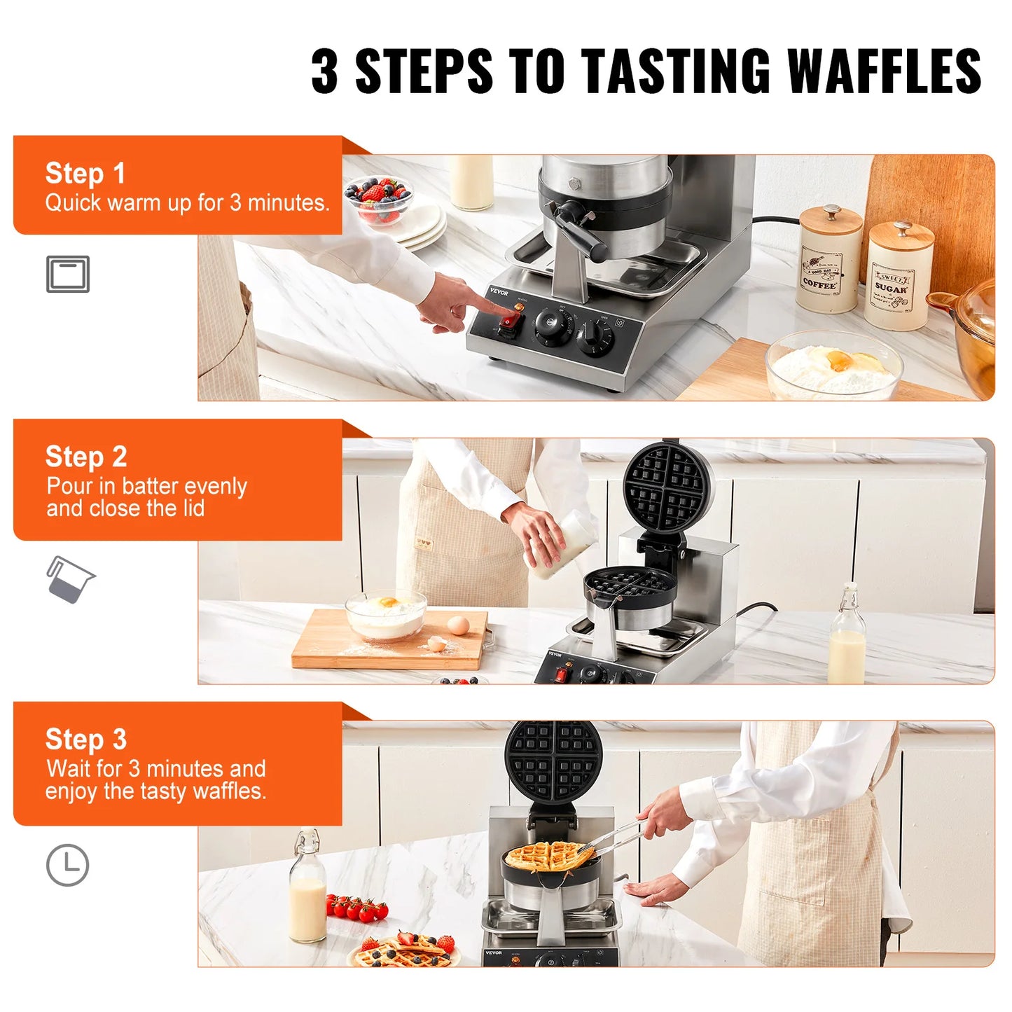 SucceBuy Electric Waffle Maker Stainless Steel Round Waffle Iron Non-Stick Waffle Baker Machine Teflon-Coated Baking Pans