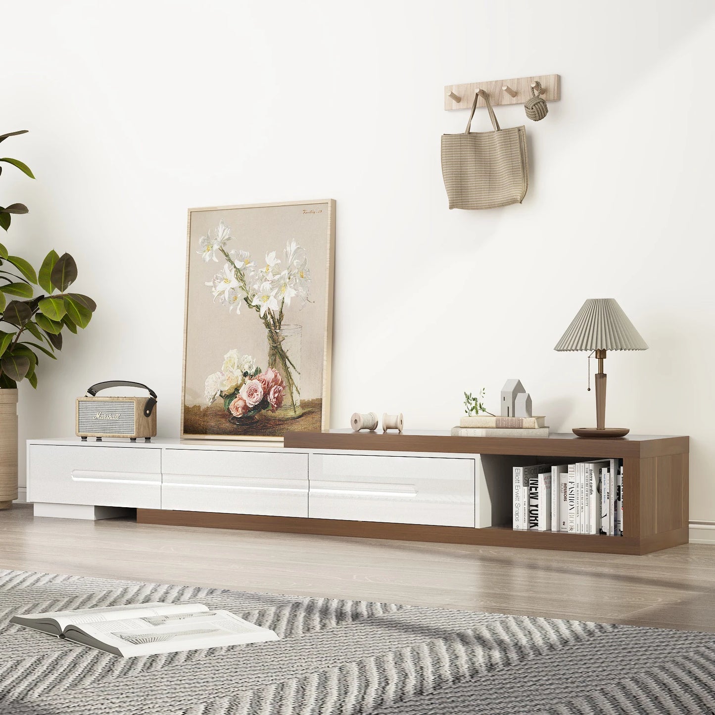QiaoShiRen Extendable TV Stand With Wood Media Console And Drawers