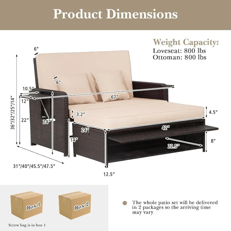 Patio Rattan Daybed, Patiojoy Wicker Loveseat Sofa w/Multipurpose Ottoman & Retractable Side Tray, 4-Level Adjustable B