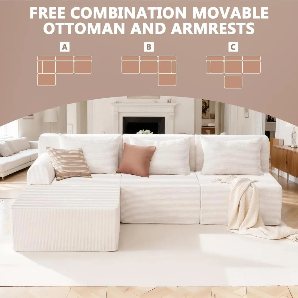 93" Sectional Couches for Living Room, Modular Sectional Sofa, Cloud Couch with L-Shape Chaise, Boneless Couches, Comfy Corduroy