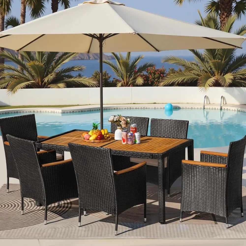 7 Piece Outdoor Patio Dining Set With Table And Rattan Chairs Cushions