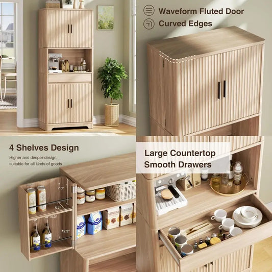 Tall Fluted Pantry Cabinet With Countertop Microwave Storage