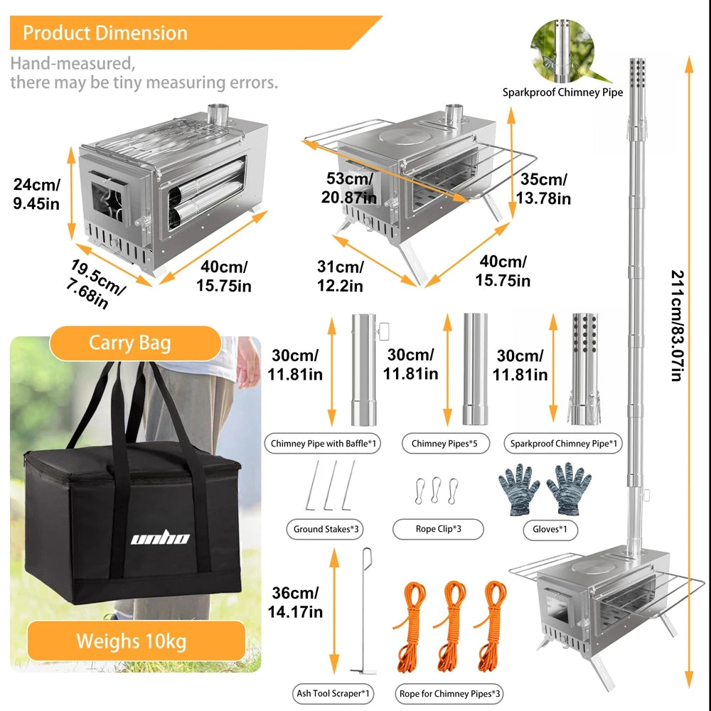 Stainless Steel Wood Burning Tent Stove With Seven Chimney Pipes