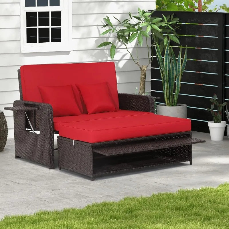 Patiojoy Rattan Daybed with Ottoman and Retractable Side Tray