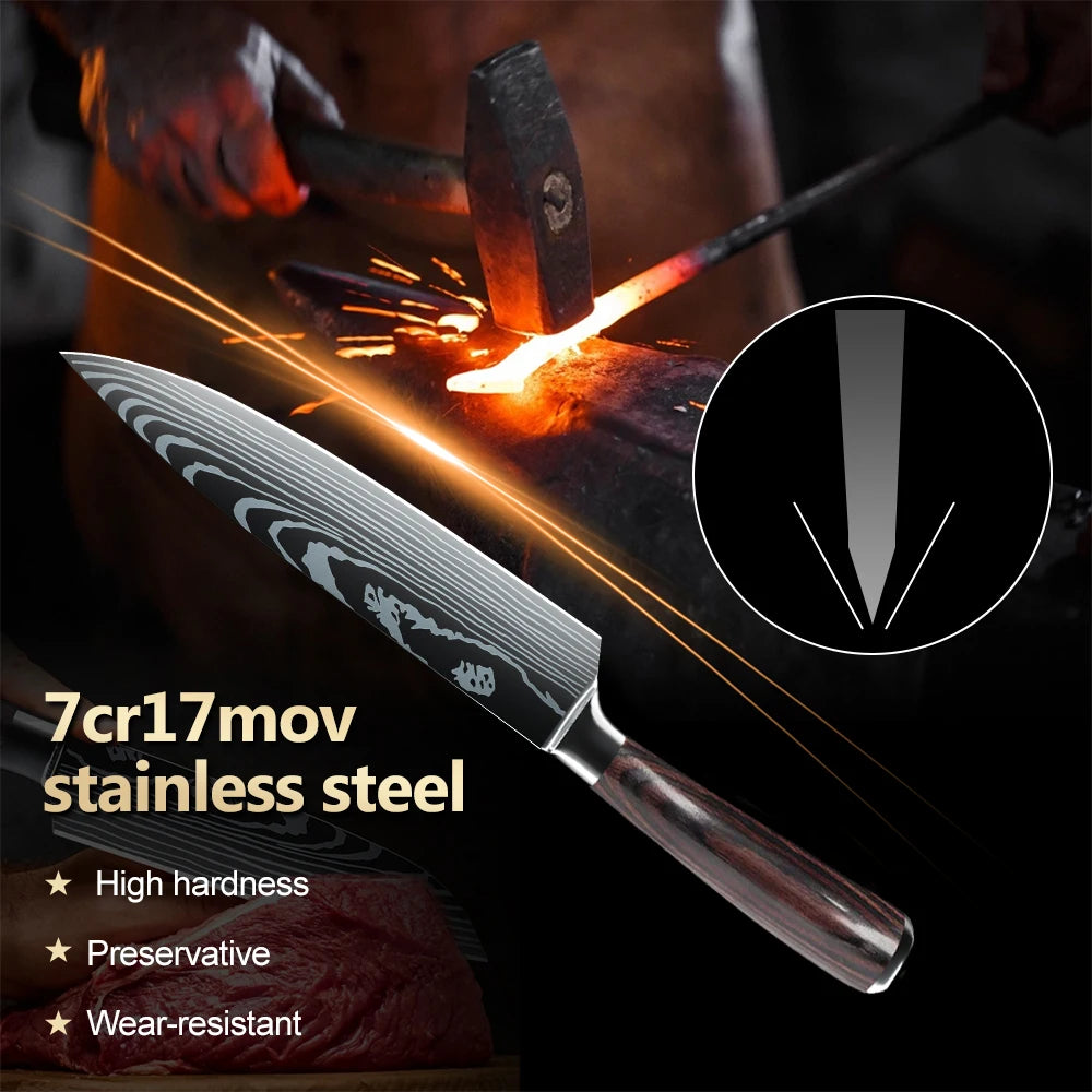 MDHAND 8/10pcs Gift Kitchen Knives Set Laser Damascus Pattern Chef Knife High Carbon Stainless Steel Sharp Fruit Slicing Knife