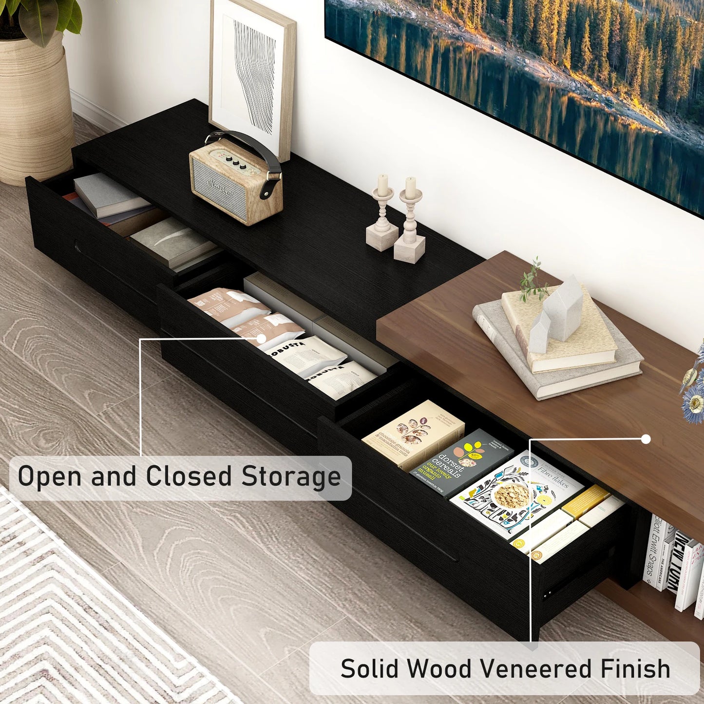 QiaoShiRen Extendable TV Stand With Wood Media Console And Drawers