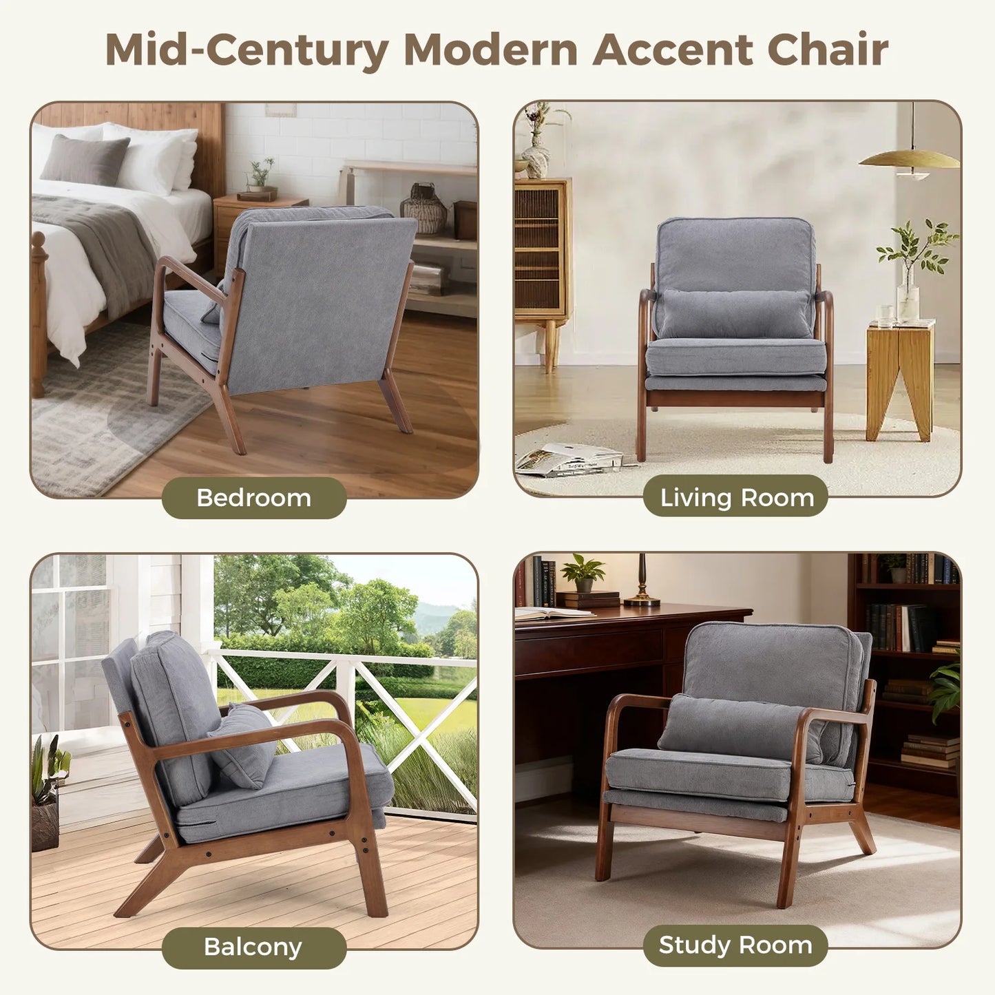 JHK Midcentury Modern Solid Wooden Frame ErgonomicallyDesigned Armchair With Cushions