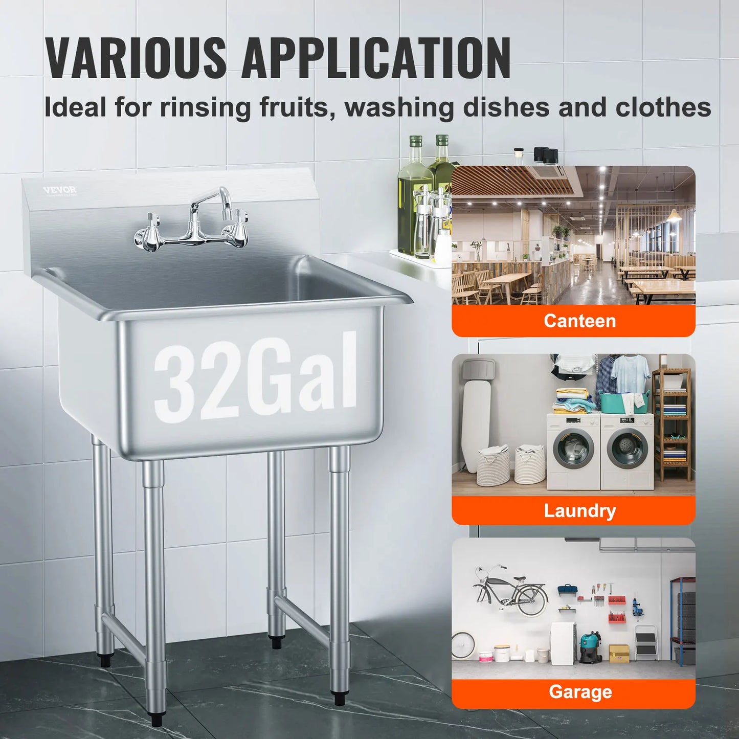 SucceBuy Stainless Steel Kitchen Prep and Utility Sink With Faucet