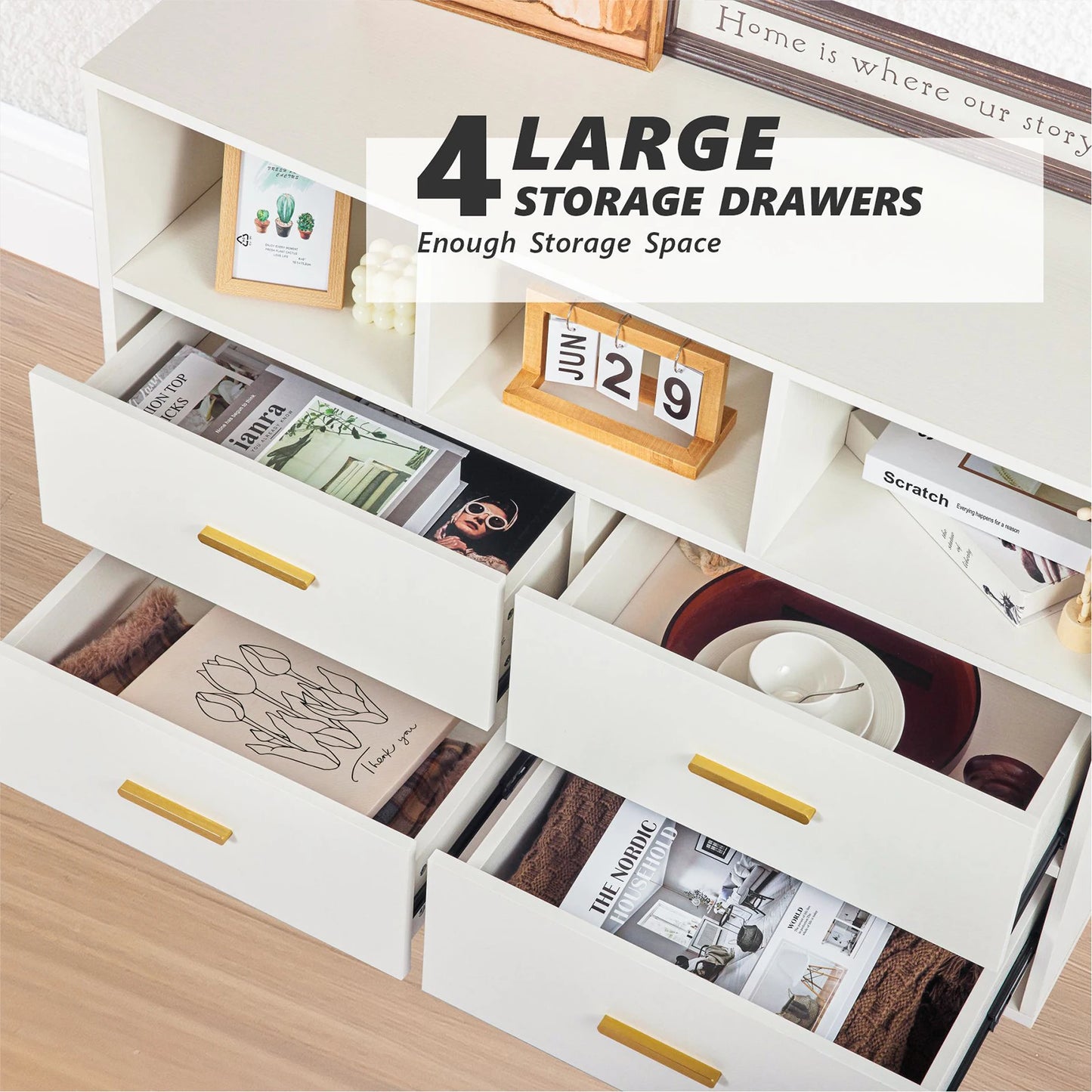 REDLIFE 4 Drawer Dresser for Bedroom Wood Furniture TV Stand w/ 3 Open Sheleves for Storage Closet & Living Room & Console Table