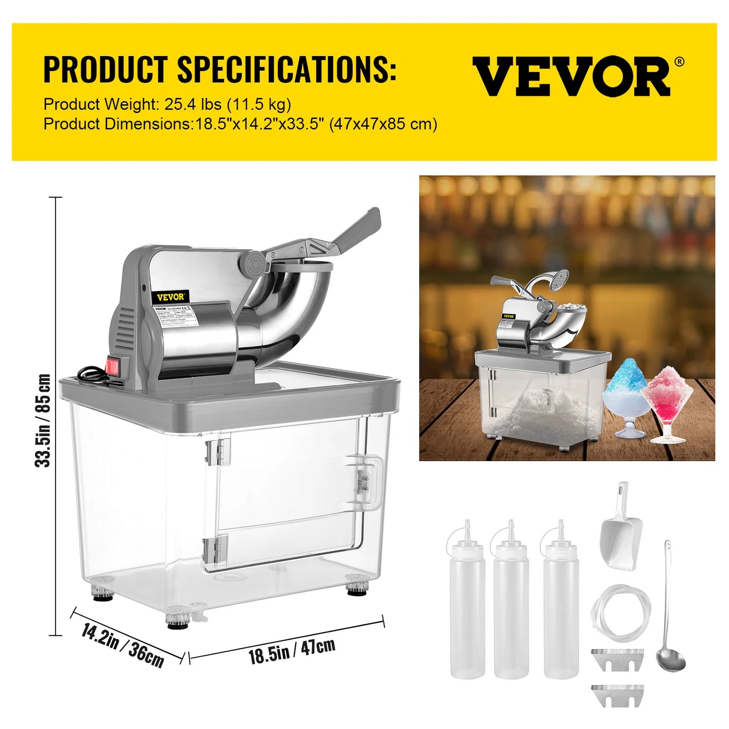 SucceBuy Electric Snow Cone Machine Ice Shaver Crusher Granizing Glass Blender Mixer Chopper Stainless Steel Colder Commercial