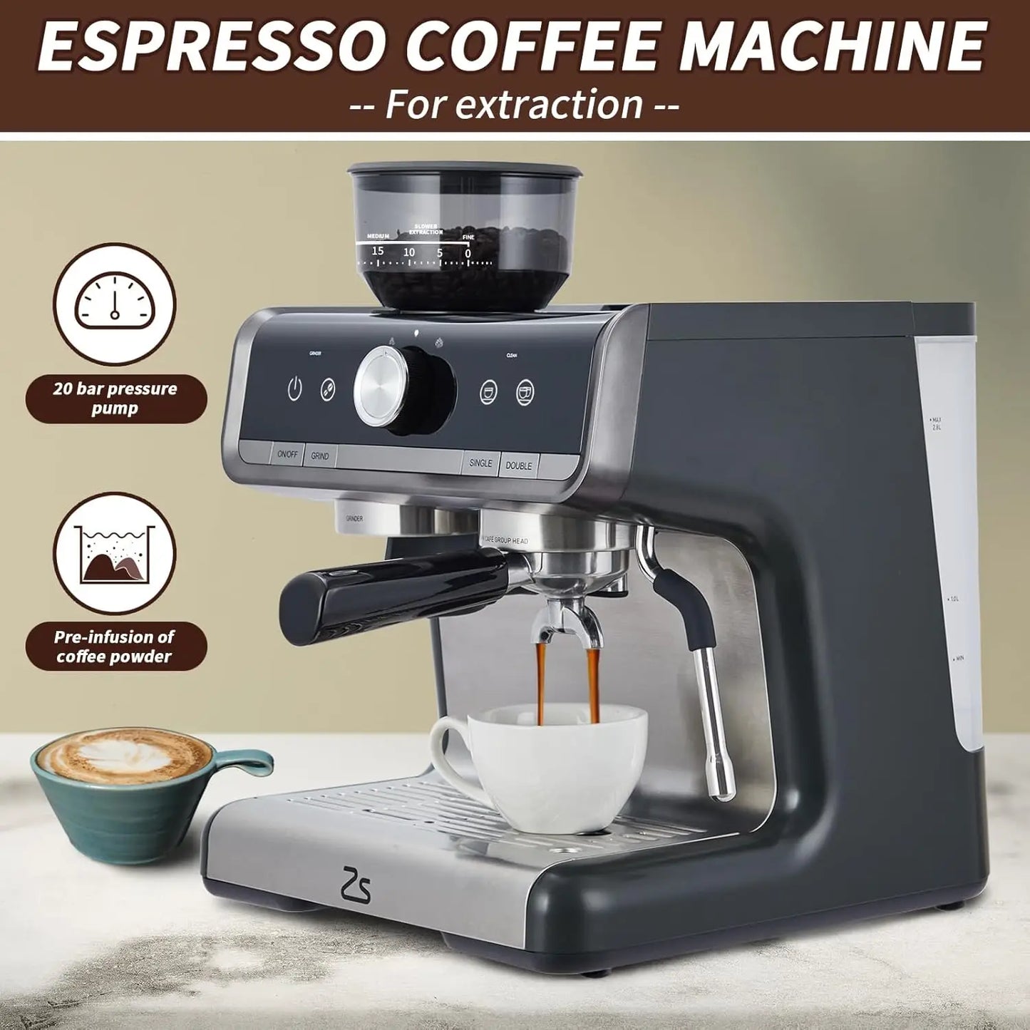 Acekool Espresso Machine With IndustrialStrength Burr Grinder And Premium Frother