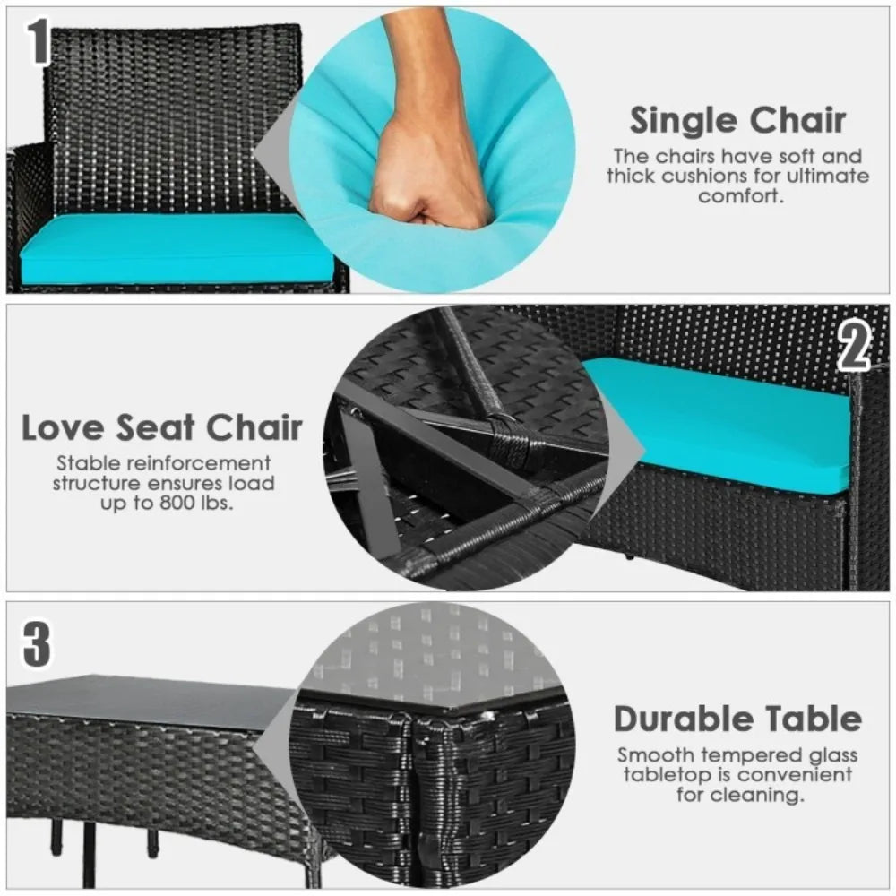 4 Pcs Patio Rattan Cushioned Sofa Furniture Set With Tempered Glass Coffee Tabl