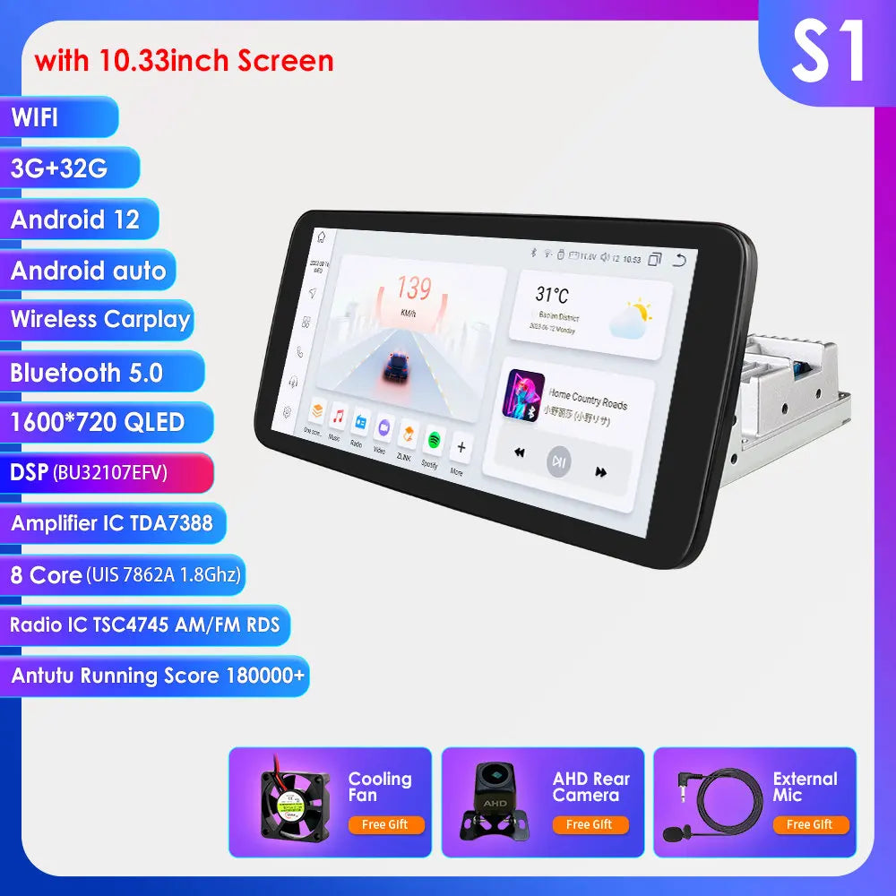 Hizpo 1 Din Car Radio Multimedia Player Detachable Panel 10.33" Wireless Carplay Android 360° Rotatable Universal Stereo GPS BT