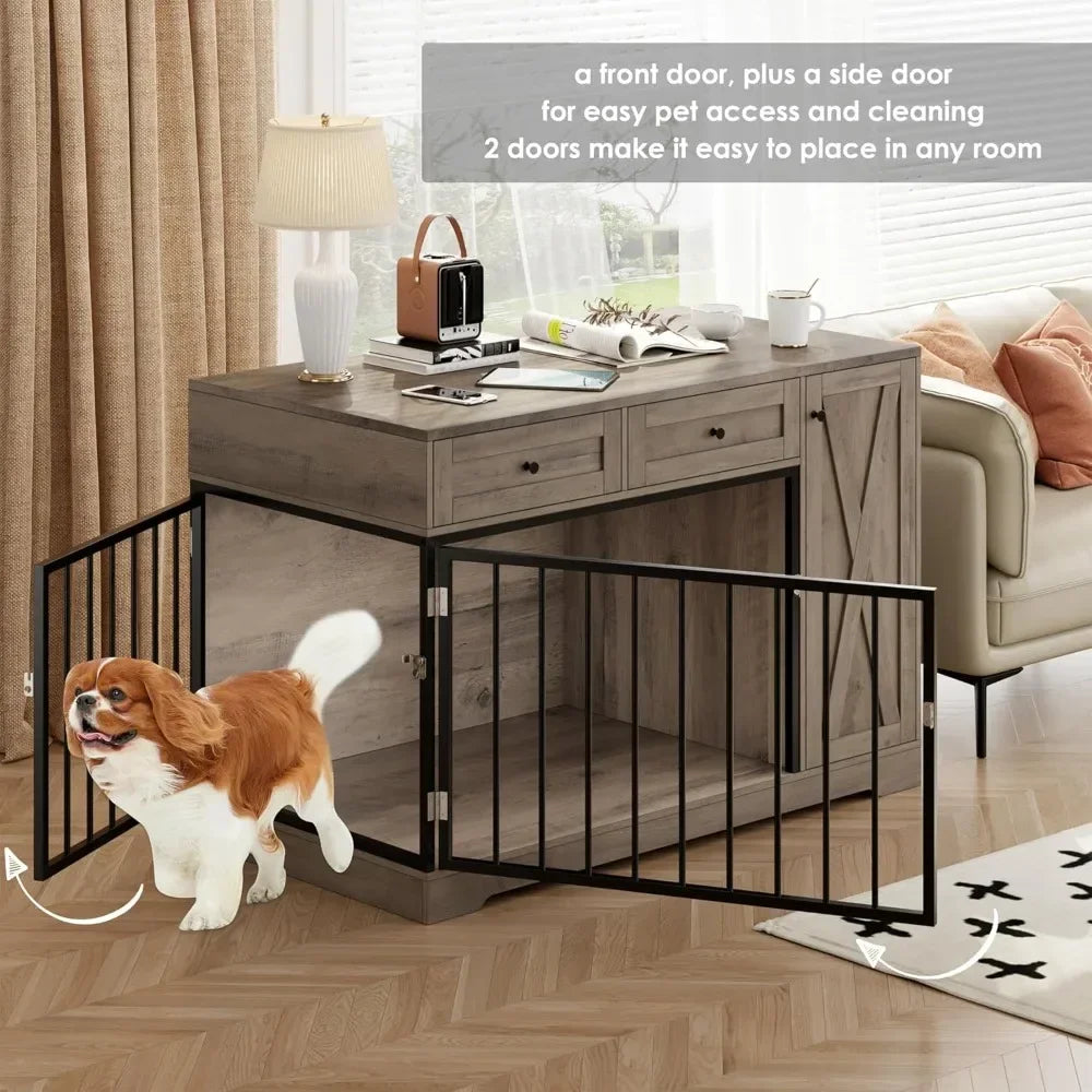 Wooden Dog Crate Furniture With Double Doors And Storage Cabinet Farmhouse Style Kennel