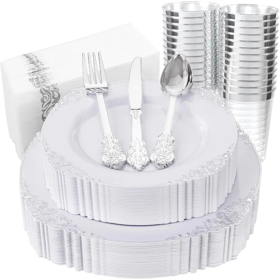 Disposable Plastic Tablesware Set for 25 Guests Plates Cups Forks