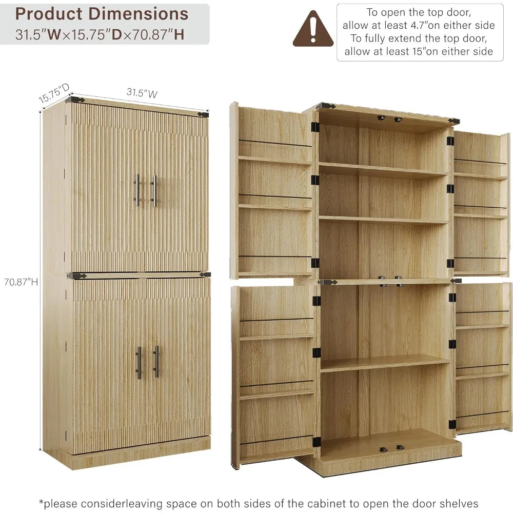 Adjustable Shelves Tall Flute Design Wood Pantry Cabinet with 12 Door Organizers and Double Carved Accents for Storage Solutions