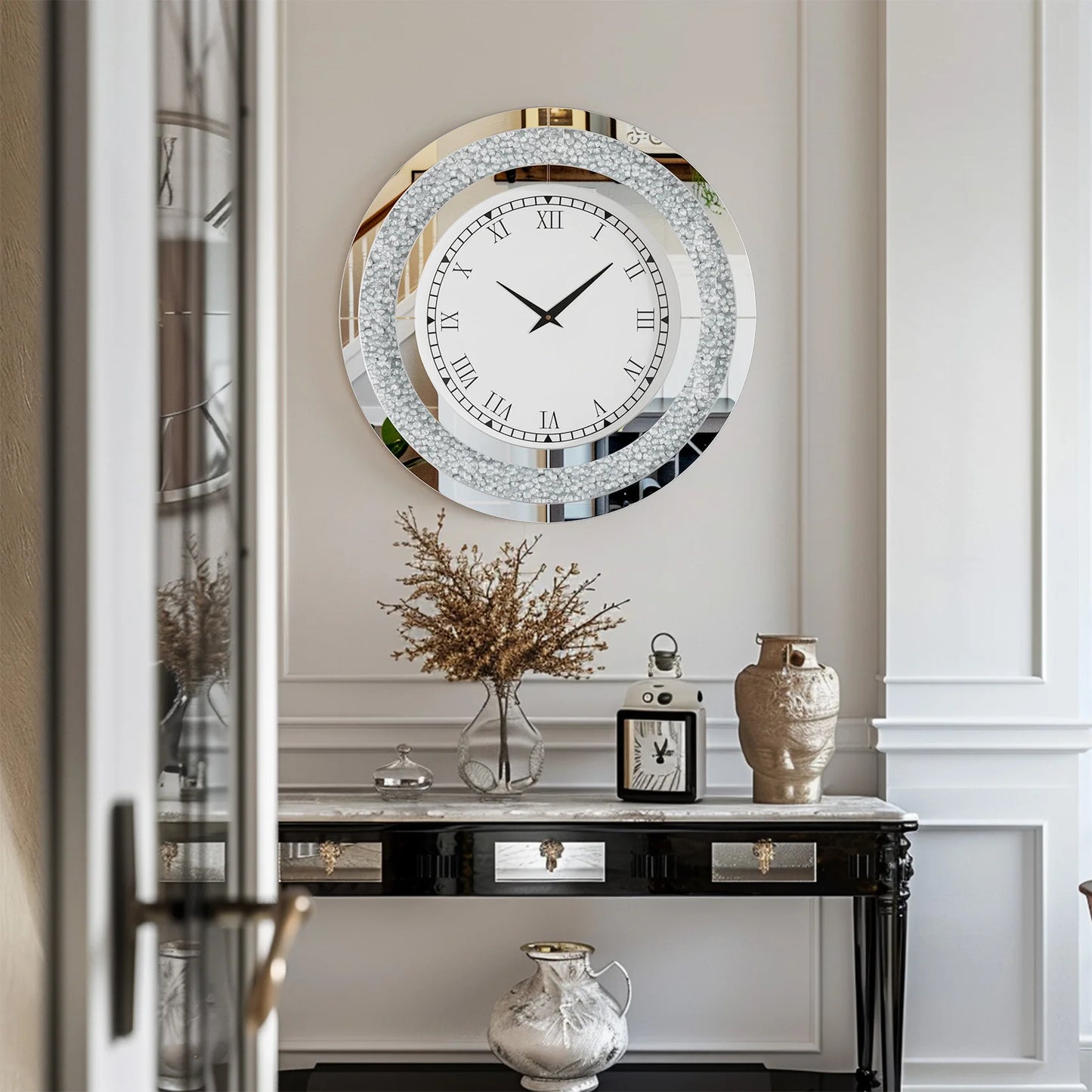 Silver,Tawny Tinted Round Mirror ,24inch Crystal Sparkle Twinkle Bling Crush Diamond Large Mirrored Wall Clock for Living Room
