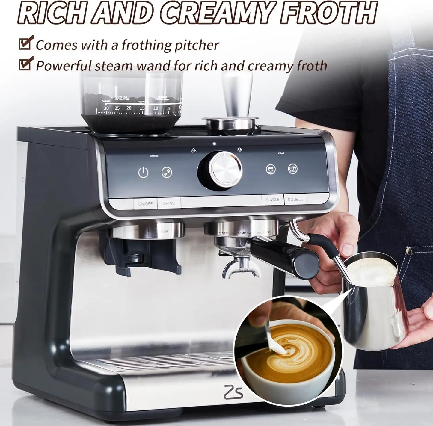 Acekool Espresso Machine With IndustrialStrength Burr Grinder And Premium Frother
