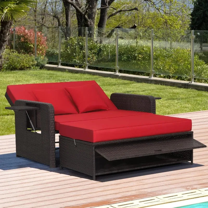 Patiojoy Rattan Daybed with Ottoman and Retractable Side Tray