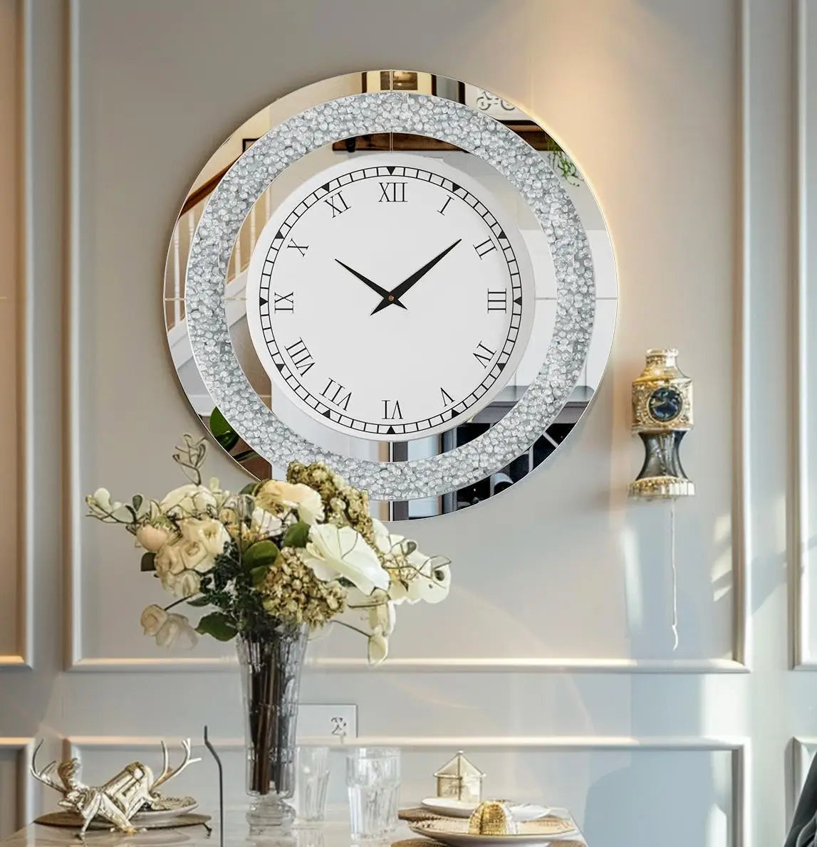 Bling Silver Round Mirror Clock For Glam Home Decor