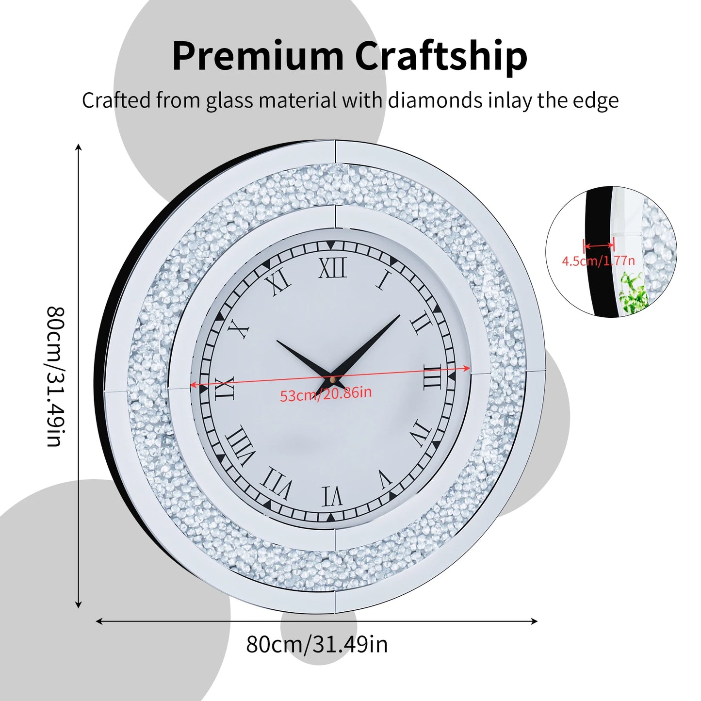 Bling Silver Round Mirror Clock For Glam Home Decor