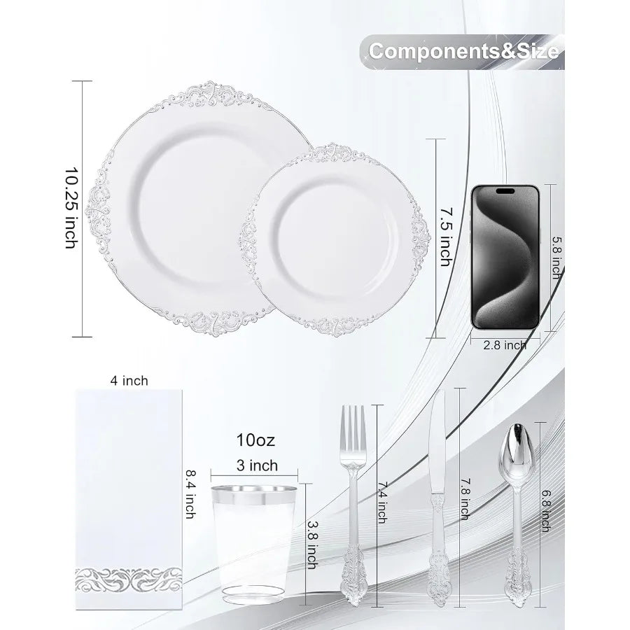 Disposable Plastic Tablesware Set for 25 Guests Plates Cups Forks