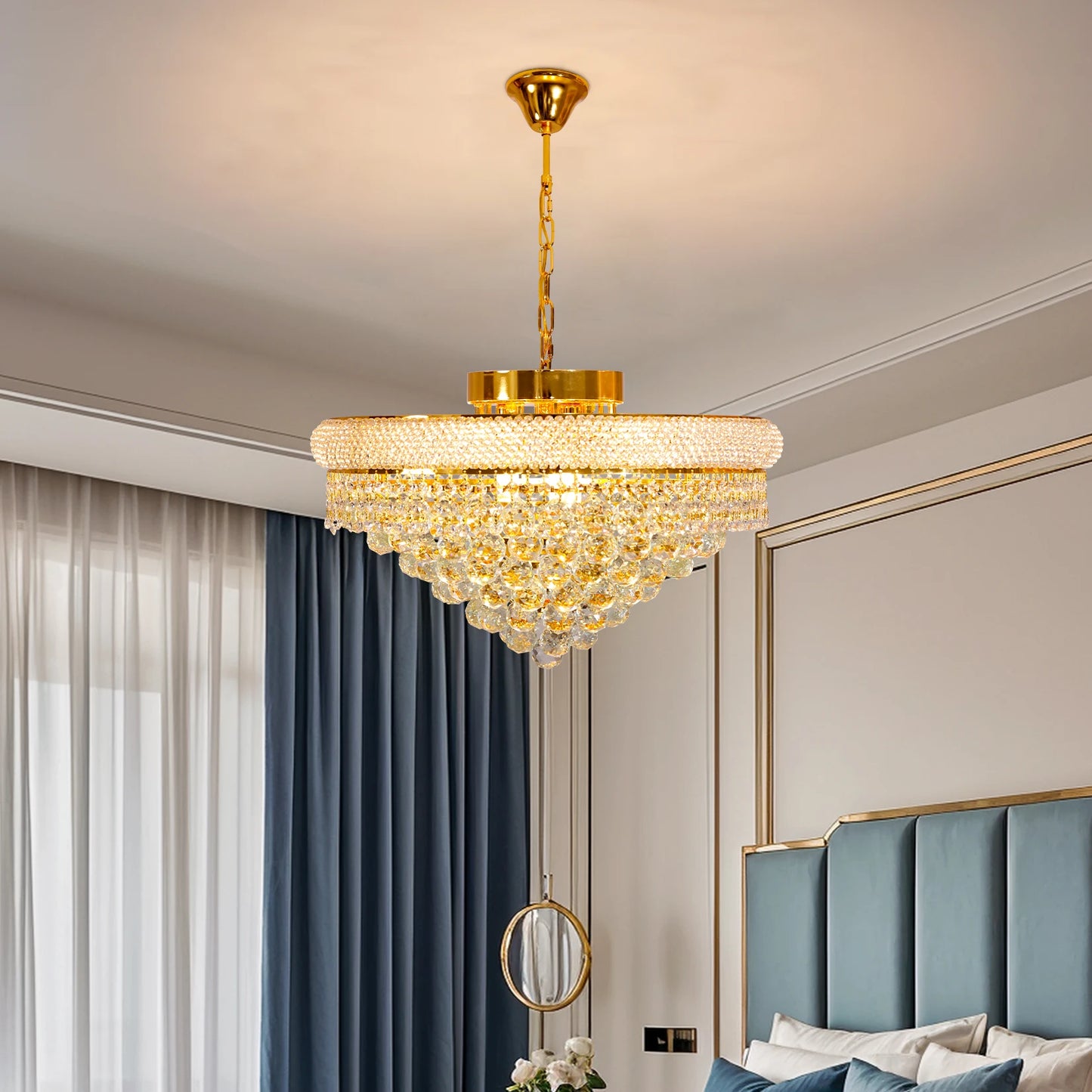 Luxury Round Gold Crystal Chandelier Pendant Light With Adjustable Chain