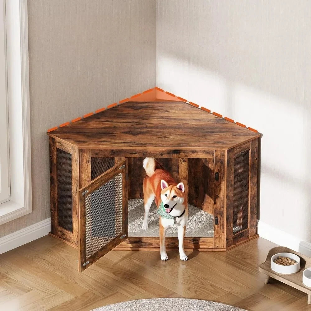 Corner Dog Crate Furniture, Wooden Dogs Kennel End Table, Decorative Pet Crate Indoor Use, Furniture Style Dogs House