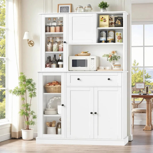Pantry Cabinet With Sliding Door And MicrowaveShelf For KitchenStorage Organization