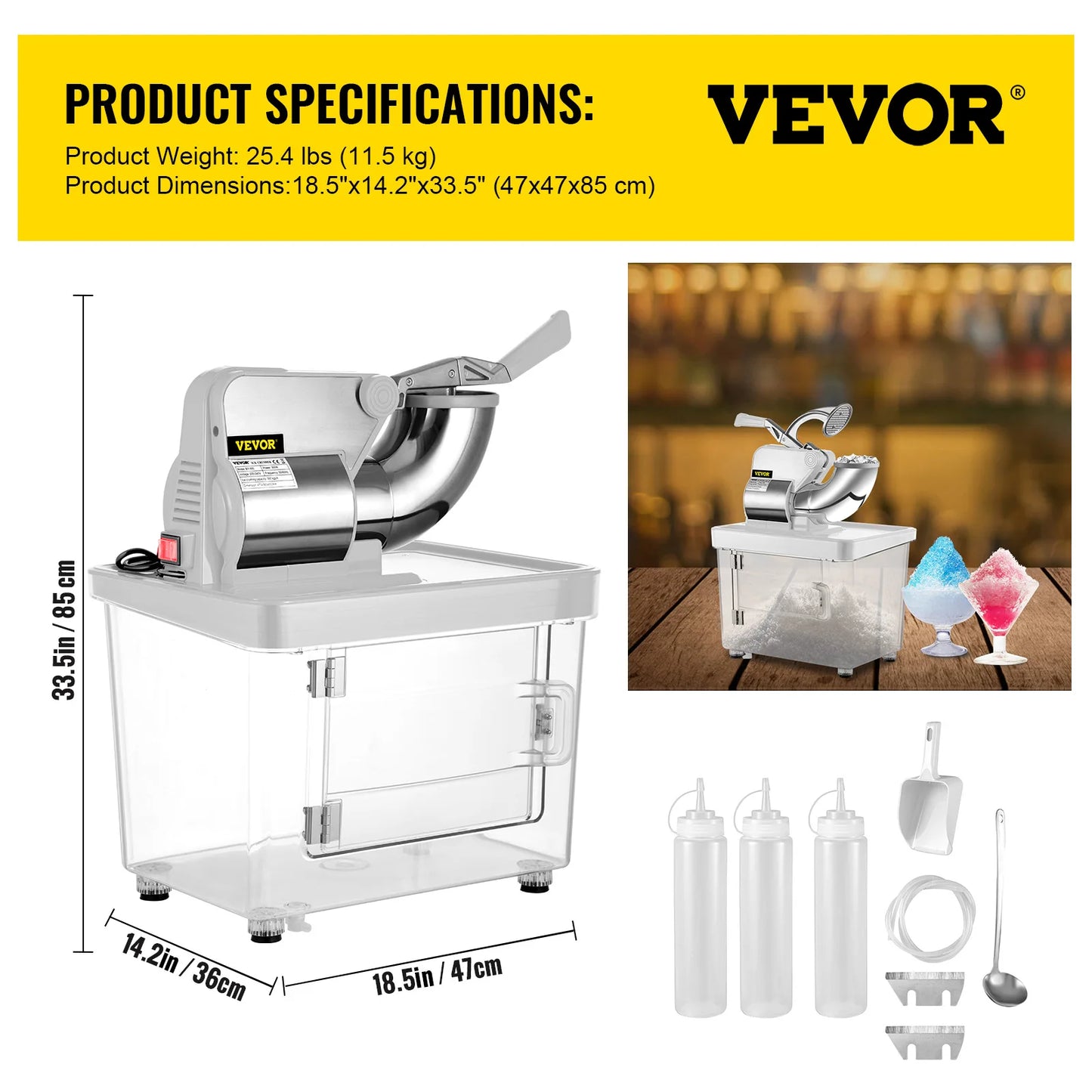 SucceBuy Electric Snow Cone Machine Ice Shaver Crusher Granizing Glass Blender Mixer Chopper Stainless Steel Colder Commercial