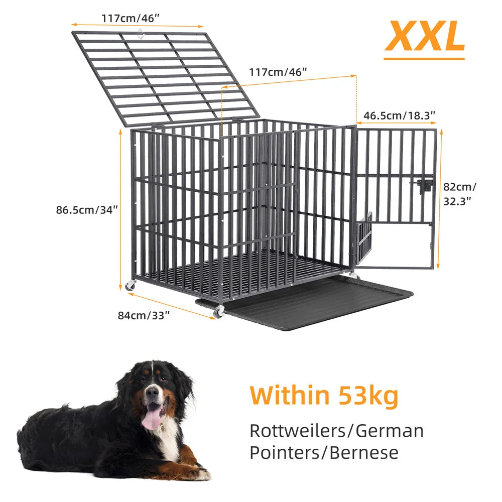 BORWARTH Heavy Duty Dog Crate With Lockable Wheels And Tray