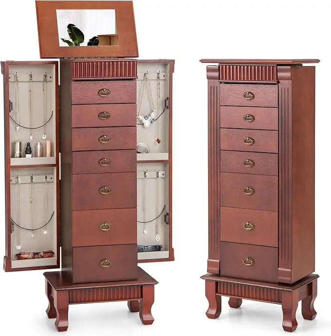 High Concerned Standing Jewelry Armoire Cabinet With 7 Drawers 2 Side Doors Makeup Mirror