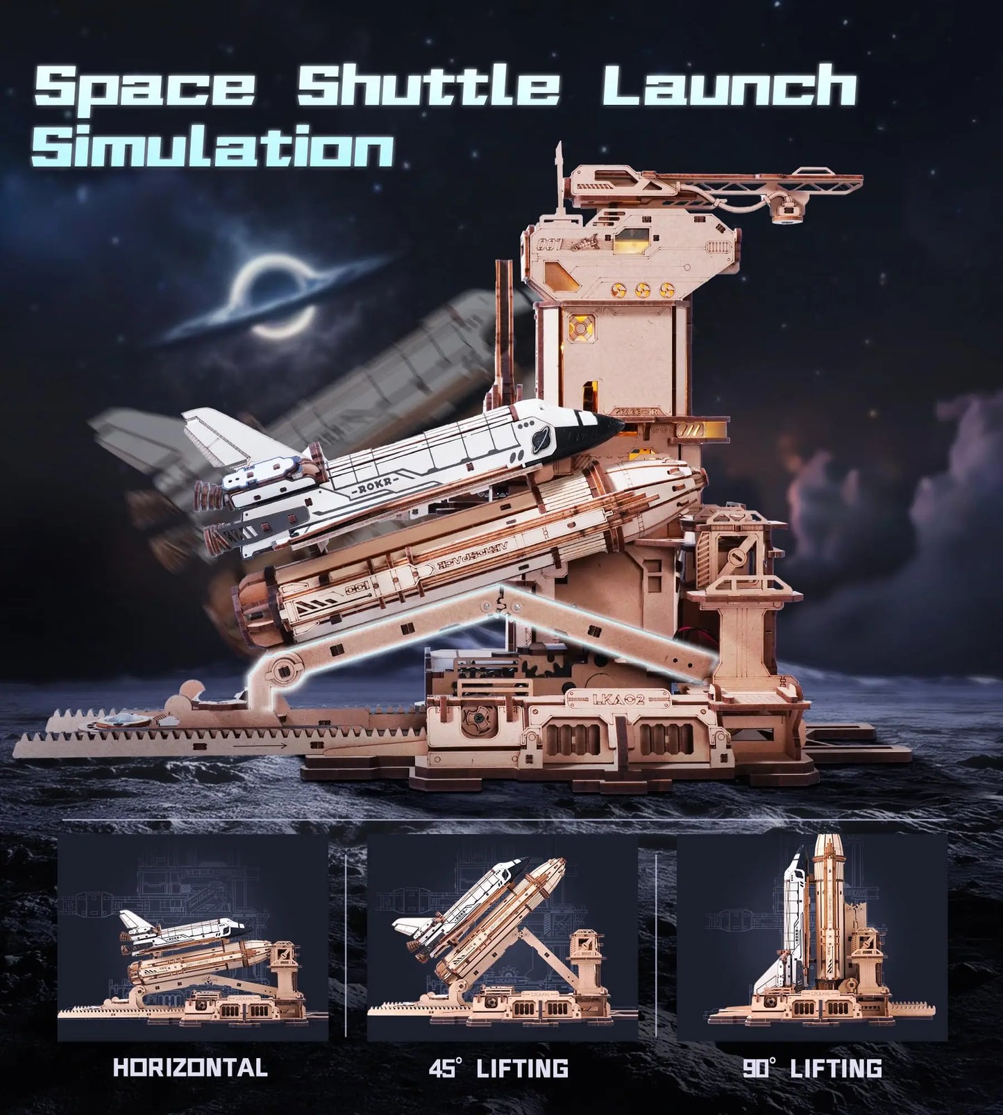 Robotime ThreeDimensional Space Shuttle Wooden Puzzle With LED Lights Educational